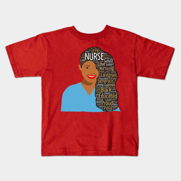 Black Nurse Words in Afro Hair Kids T-Shirt by blackartmattersshop